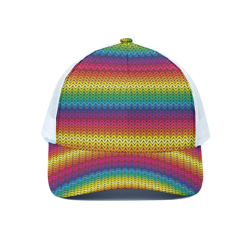 Rainbow Knitted Mexican Pattern Print White Mesh Trucker Cap
