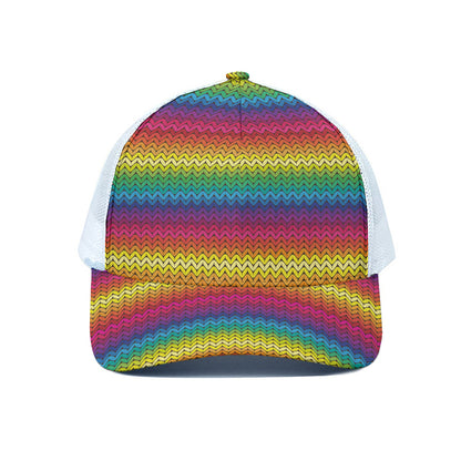 Rainbow Knitted Mexican Pattern Print White Mesh Trucker Cap