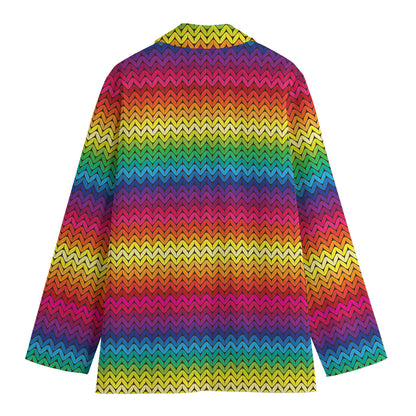 Rainbow Knitted Mexican Pattern Print Women's Cotton Blazer
