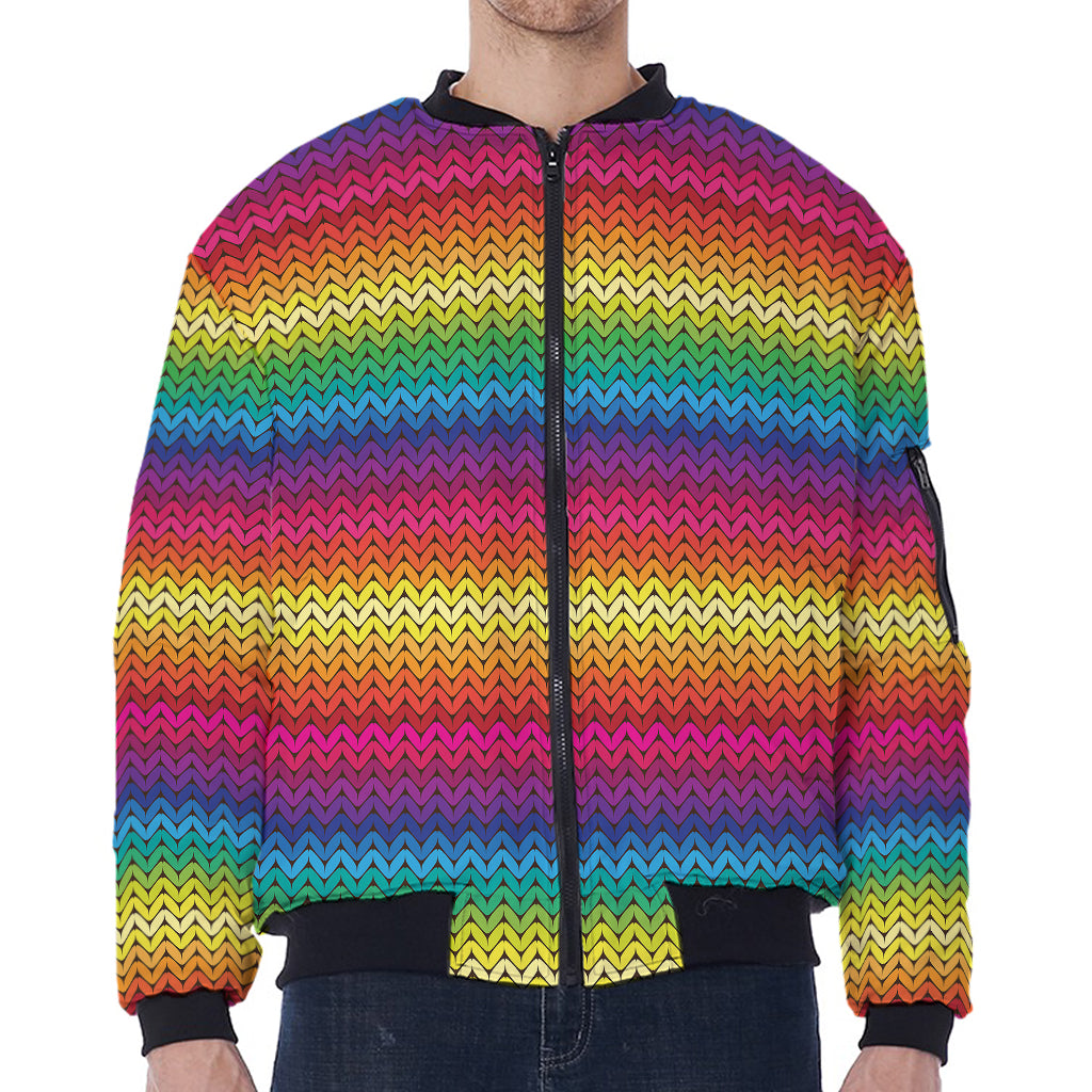 Rainbow Knitted Mexican Pattern Print Zip Sleeve Bomber Jacket