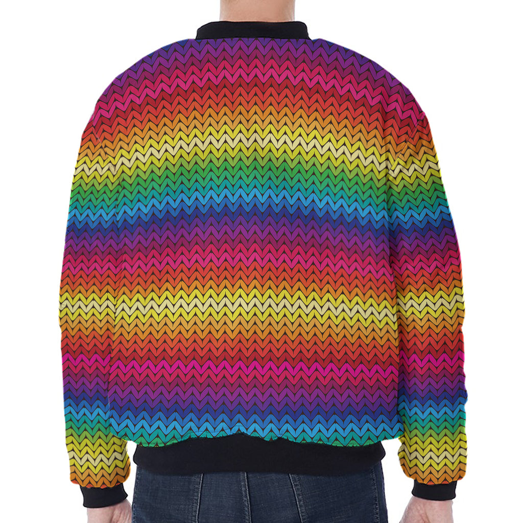 Rainbow Knitted Mexican Pattern Print Zip Sleeve Bomber Jacket