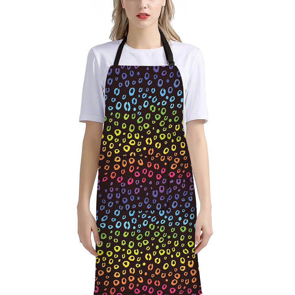 Rainbow Leopard Pattern Print Bib Apron With Pocket
