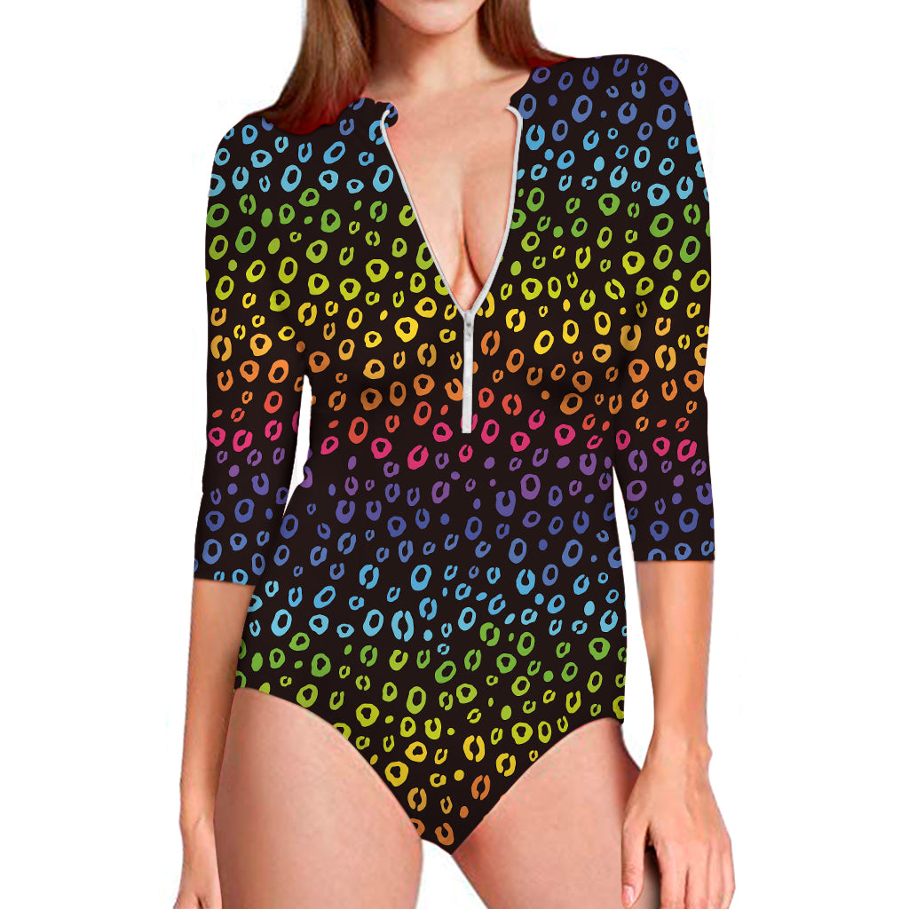 Rainbow Leopard Pattern Print Long Sleeve Swimsuit