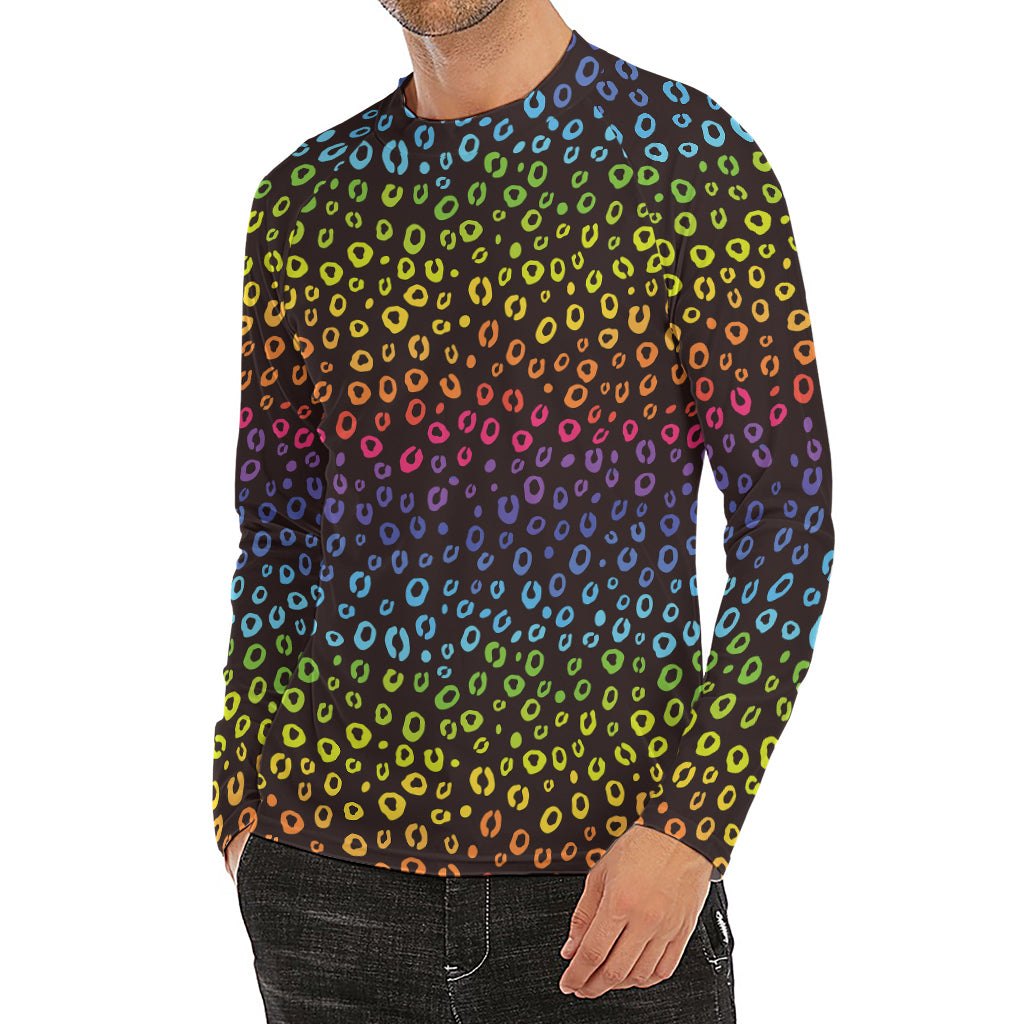 Rainbow Leopard Pattern Print Men's Long Sleeve Rash Guard