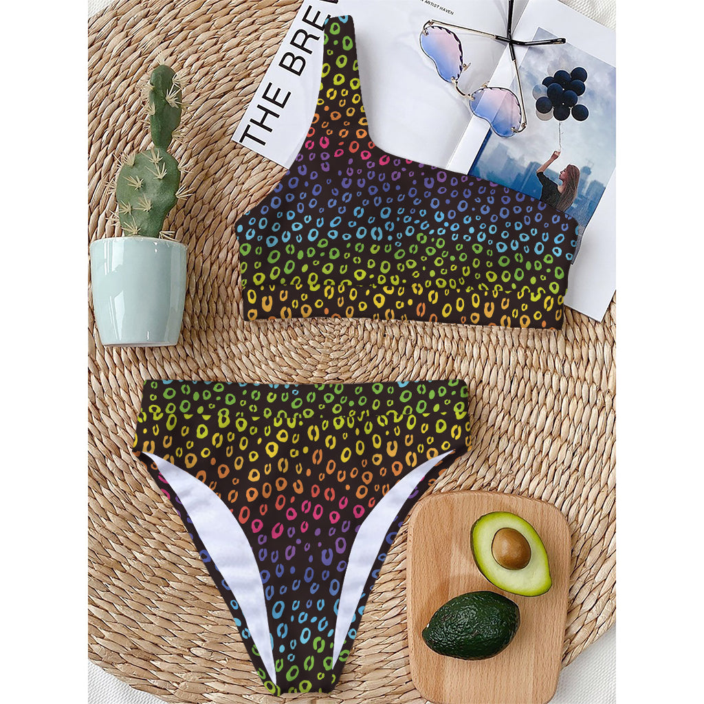 Rainbow Leopard Pattern Print One Shoulder Bikini Top