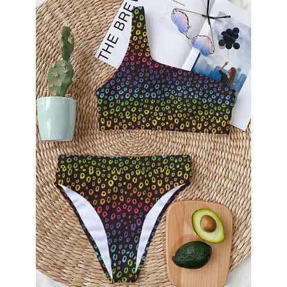 Rainbow Leopard Pattern Print One Shoulder Bikini Top
