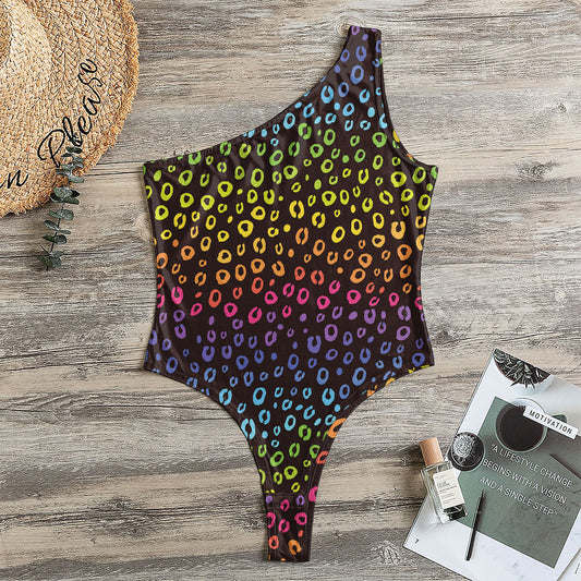 Rainbow Leopard Pattern Print One Shoulder Bodysuit
