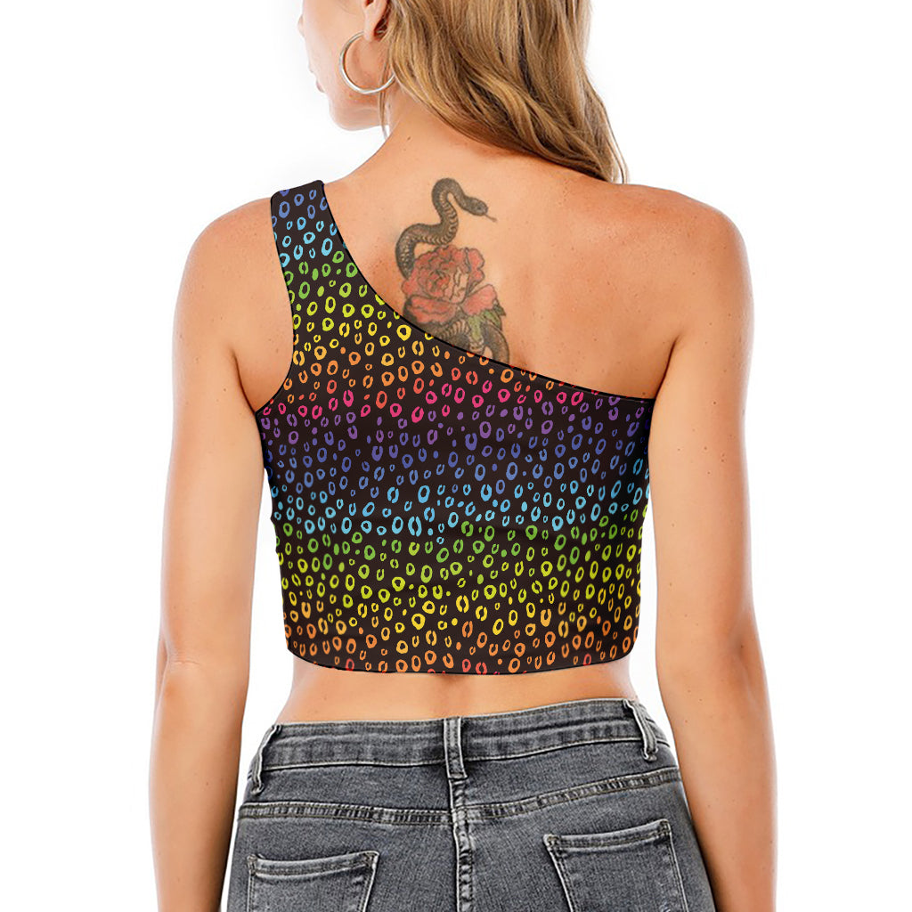Rainbow Leopard Pattern Print One Shoulder Crop Top