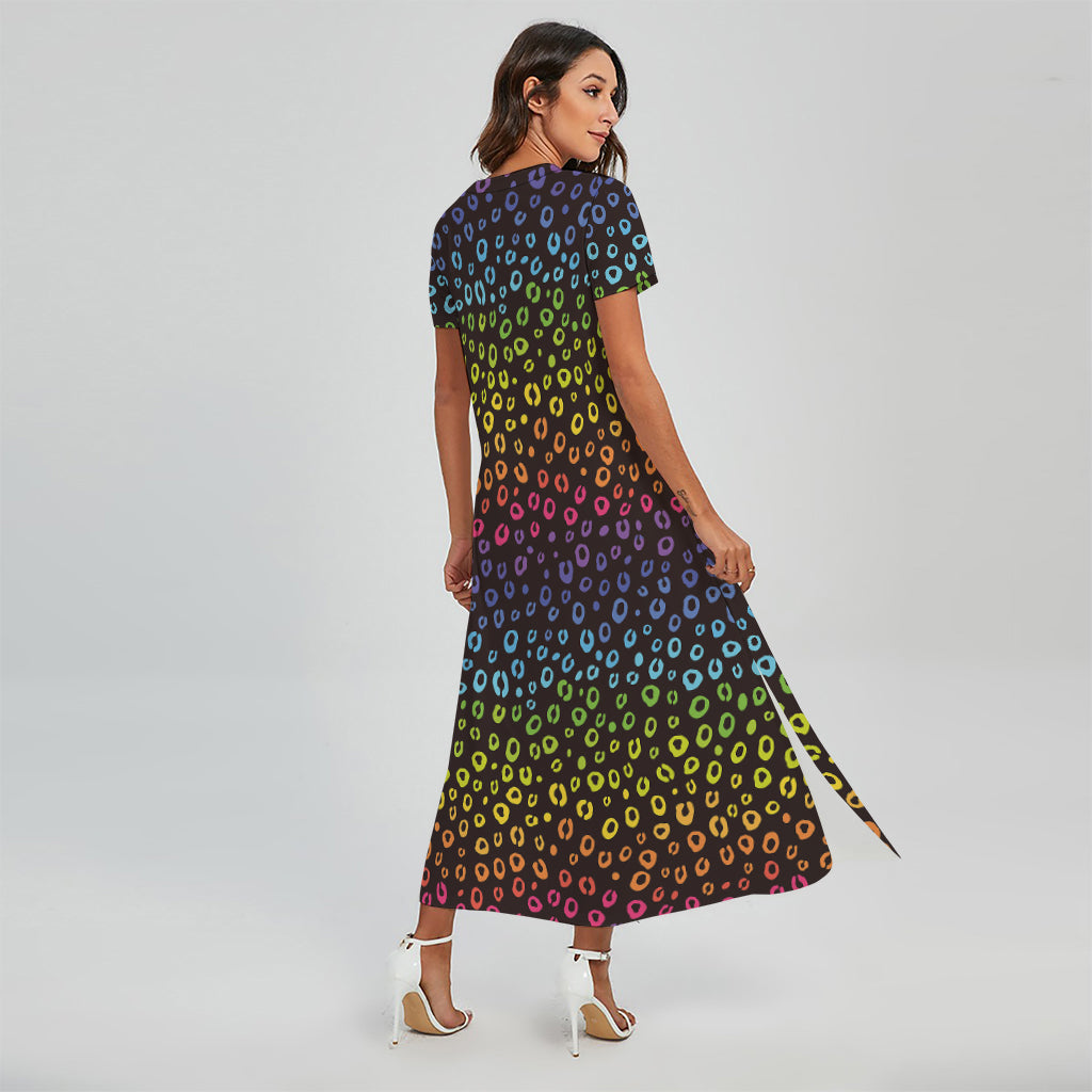 Rainbow Leopard Pattern Print Short Sleeve Maxi Dress