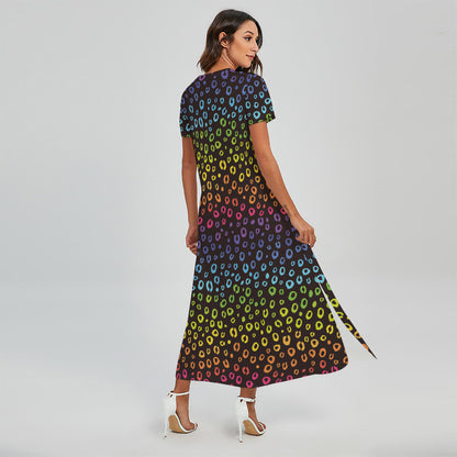 Rainbow Leopard Pattern Print Short Sleeve Maxi Dress
