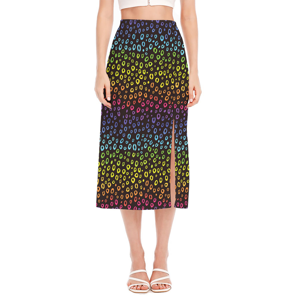 Rainbow Leopard Pattern Print Side Slit Midi Skirt