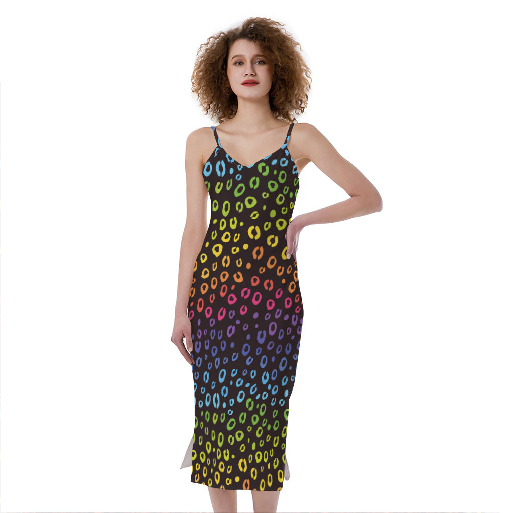 Rainbow Leopard Pattern Print Slim Fit Midi Cami Dress