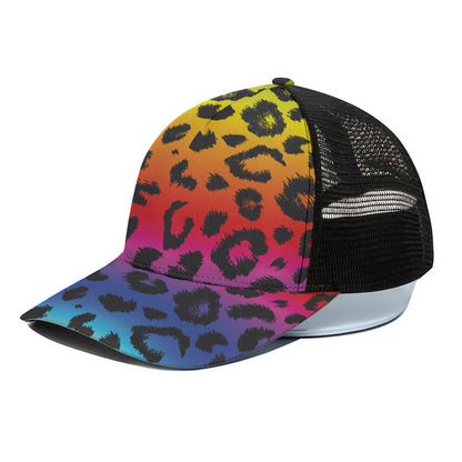 Rainbow Leopard Print Black Mesh Trucker Cap
