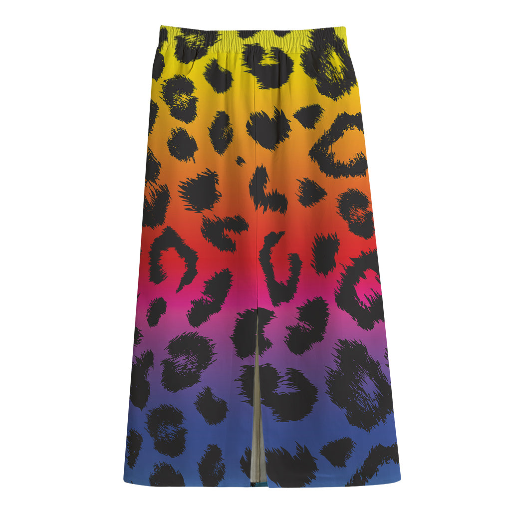 Rainbow Leopard Print Cotton Front Slit Maxi Skirt