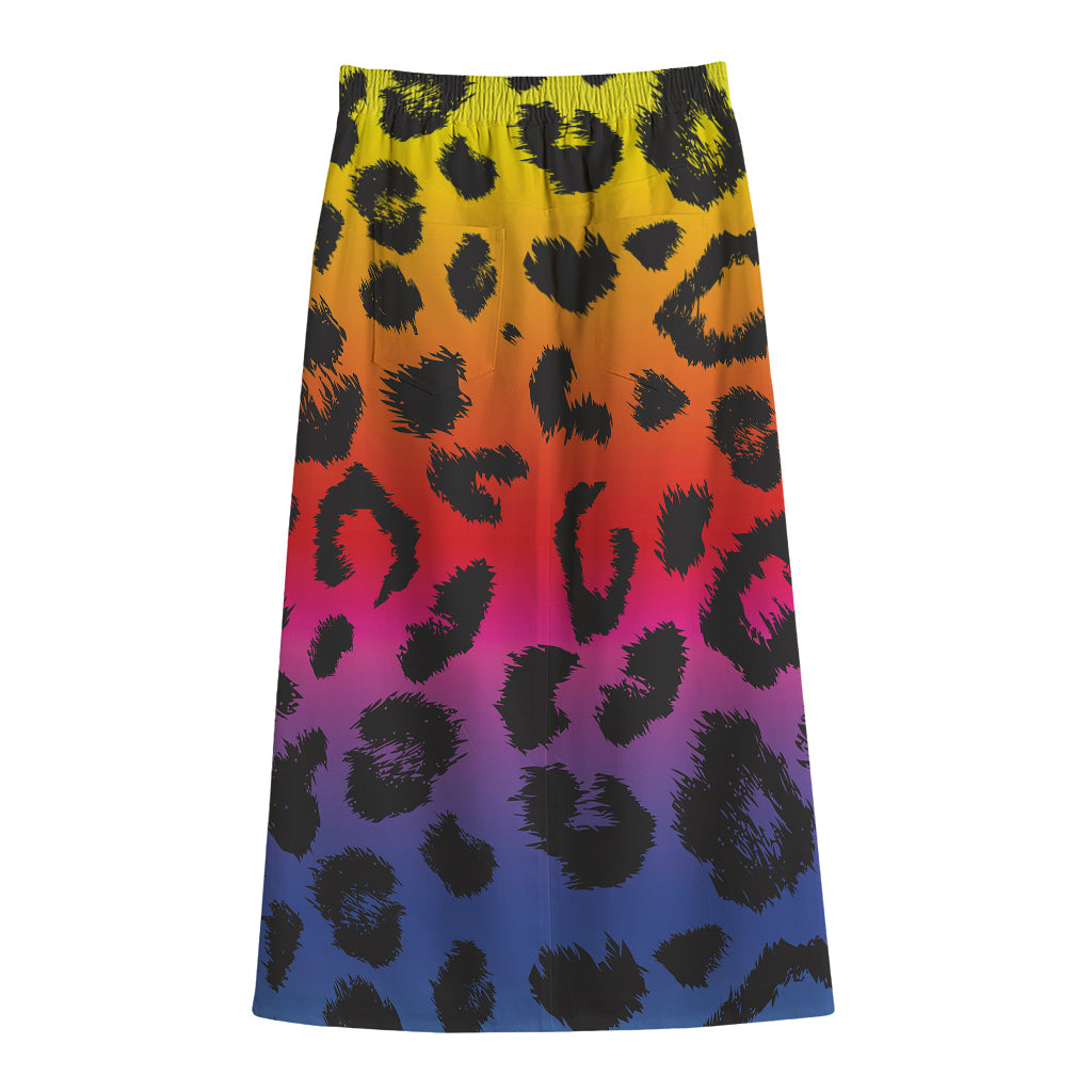 Rainbow Leopard Print Cotton Front Slit Maxi Skirt