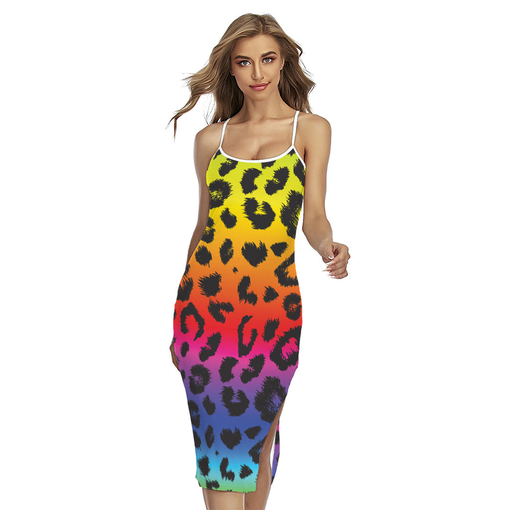 Rainbow Leopard Print Cross Back Cami Dress