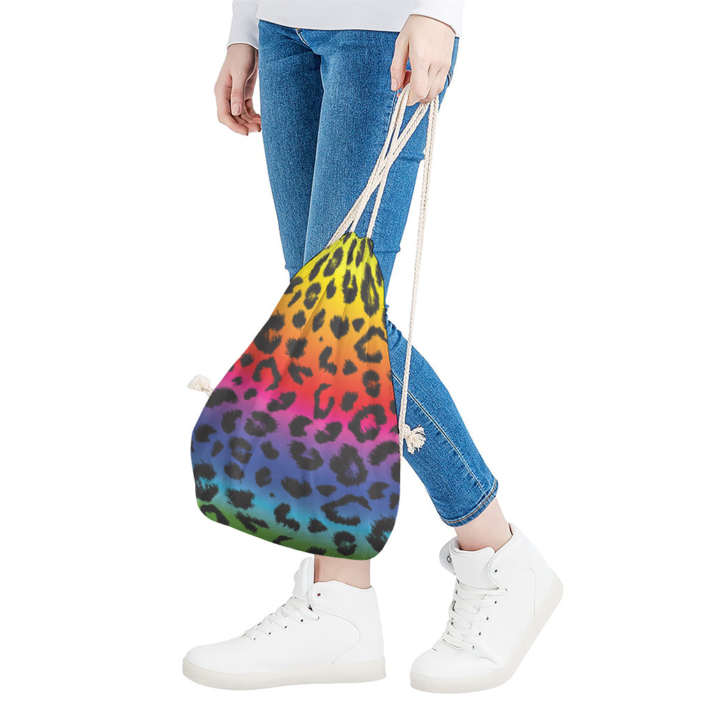 Rainbow Leopard Print Drawstring Bag