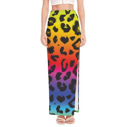 Rainbow Leopard Print High Slit Maxi Skirt