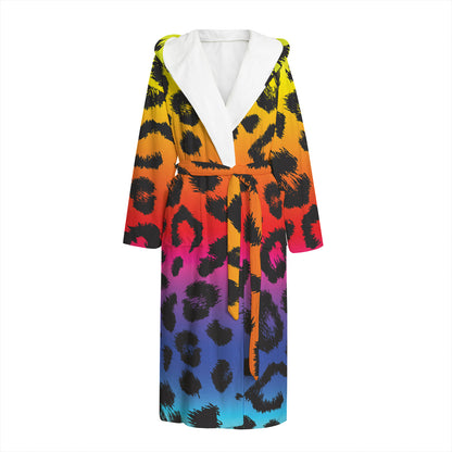 Rainbow Leopard Print Hooded Bathrobe