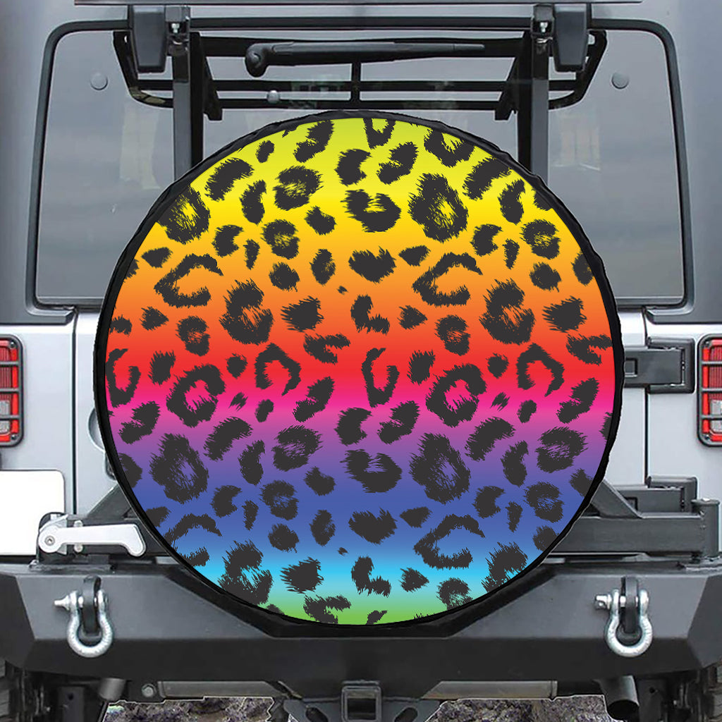 Rainbow Leopard Print Leather Spare Tire Cover