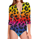 Rainbow Leopard Print Long Sleeve Swimsuit