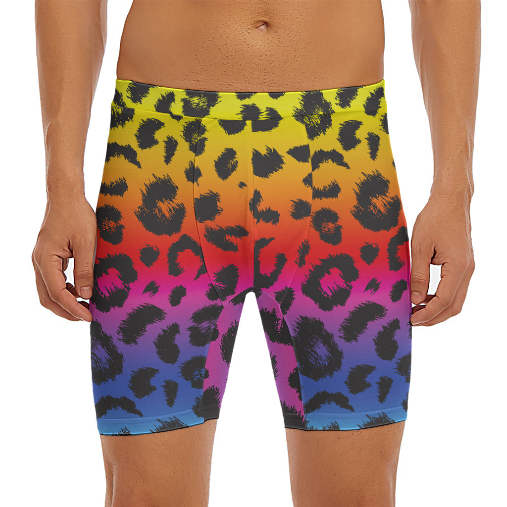 Rainbow Leopard Print Men's Long Boxer Briefs