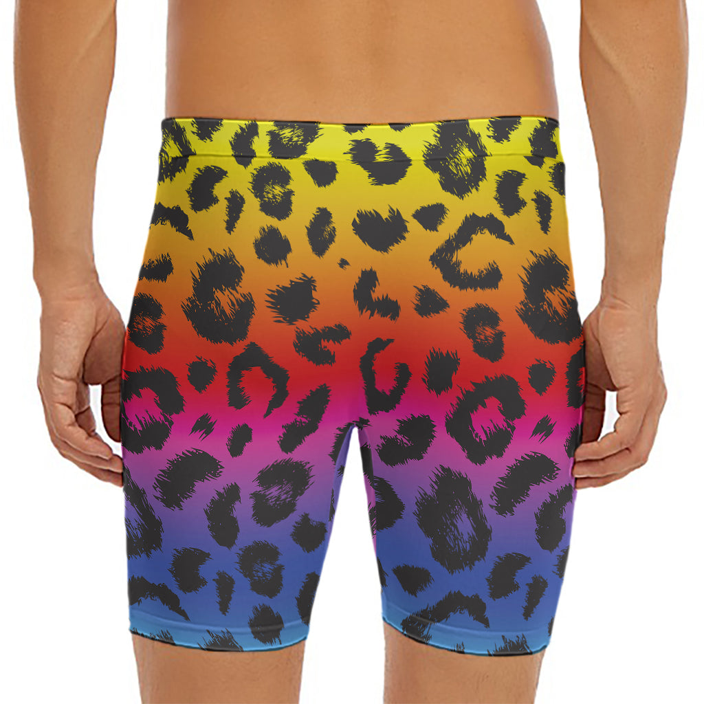 Rainbow Leopard Print Men's Long Boxer Briefs