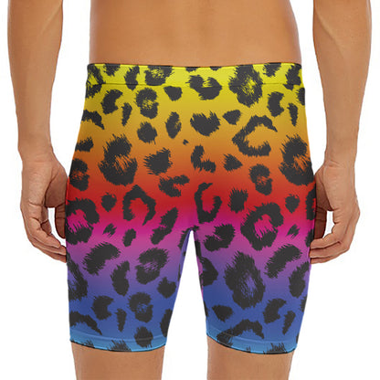 Rainbow Leopard Print Men's Long Boxer Briefs