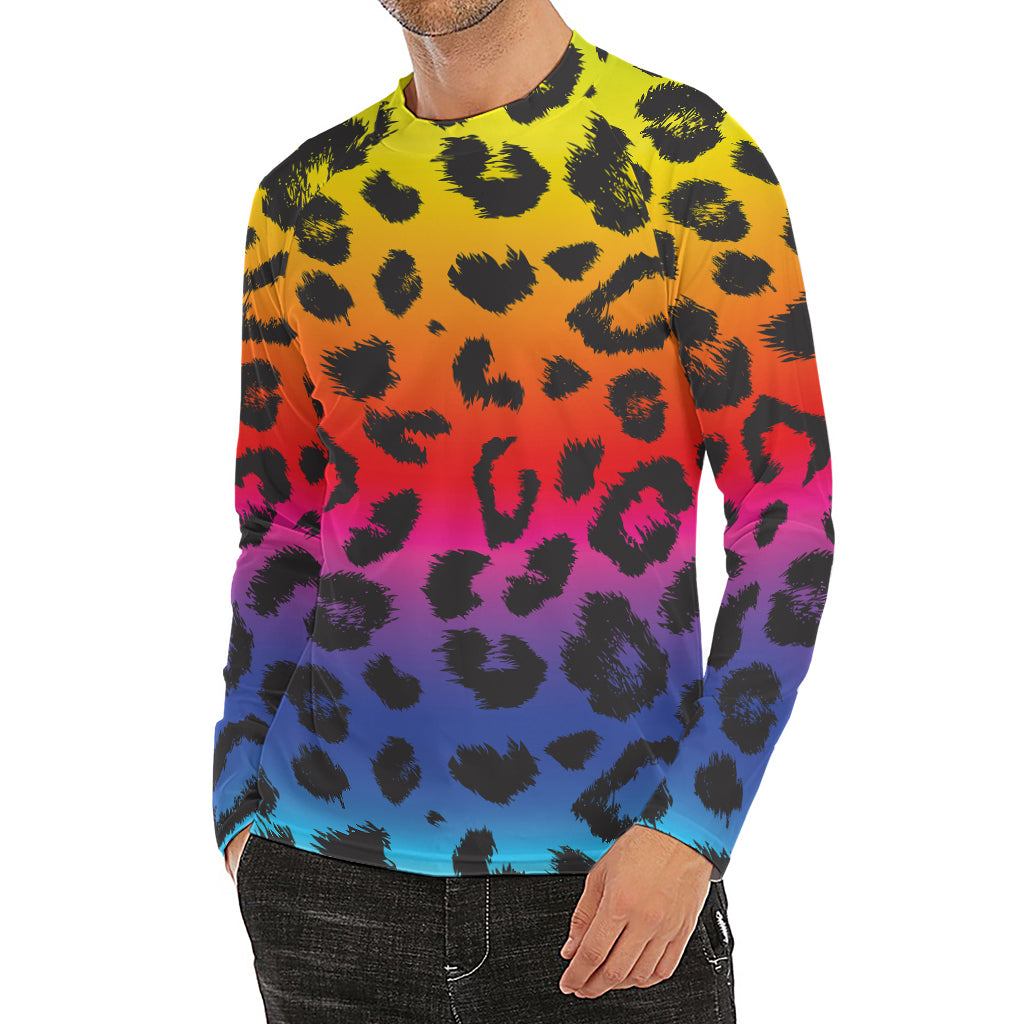 Rainbow Leopard Print Men's Long Sleeve Rash Guard