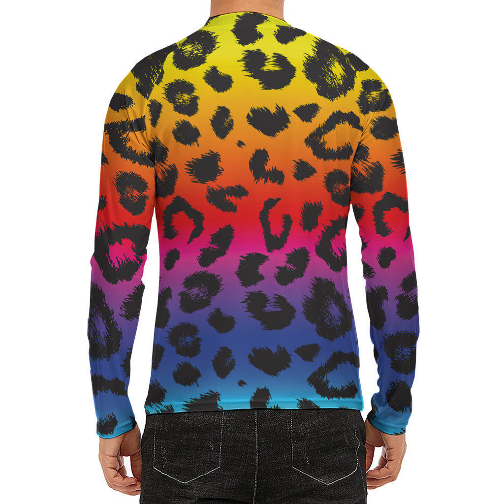 Rainbow Leopard Print Men's Long Sleeve Rash Guard