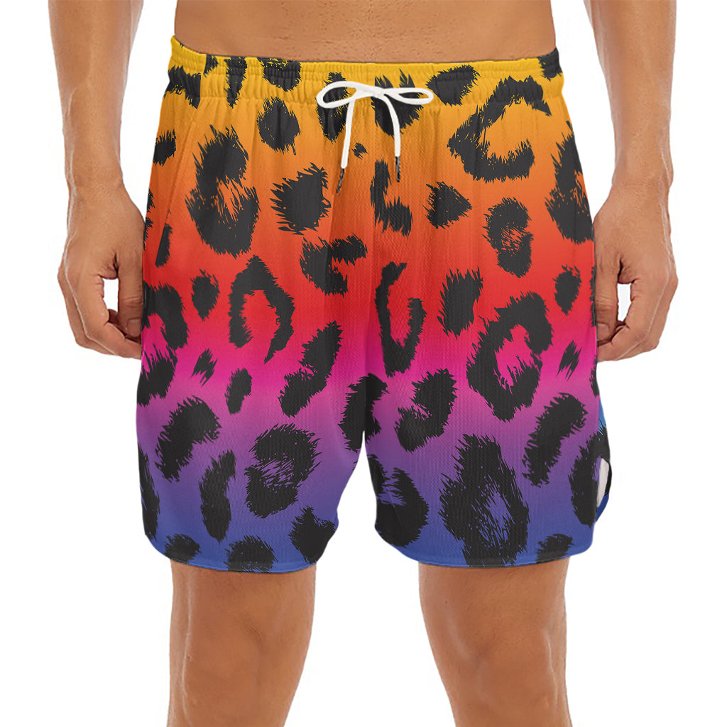 Rainbow Leopard Print Men's Split Running Shorts