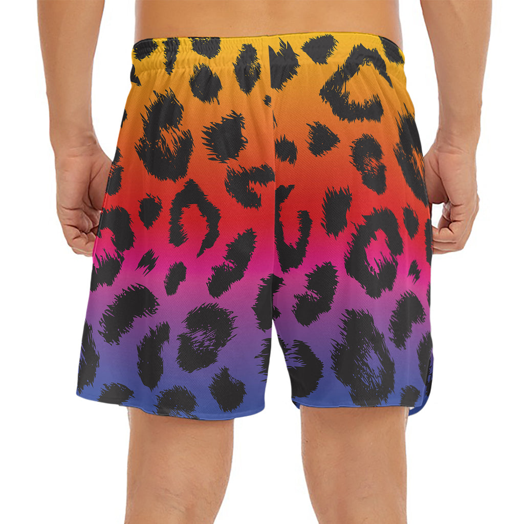 Rainbow Leopard Print Men's Split Running Shorts