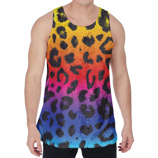 Rainbow Leopard Print Men's Velvet Tank Top