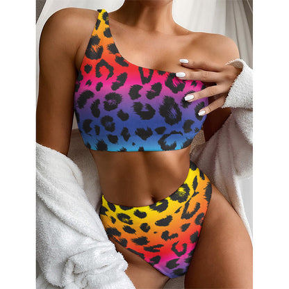 Rainbow Leopard Print One Shoulder Bikini Top