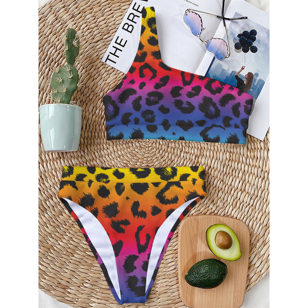 Rainbow Leopard Print One Shoulder Bikini Top
