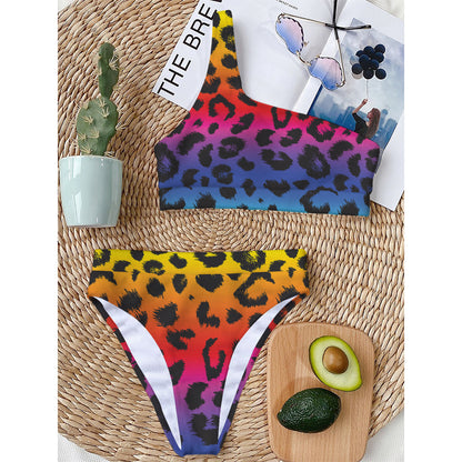 Rainbow Leopard Print One Shoulder Bikini Top