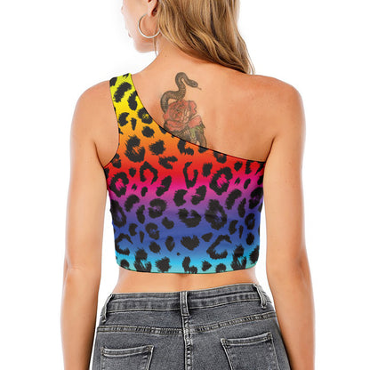 Rainbow Leopard Print One Shoulder Crop Top