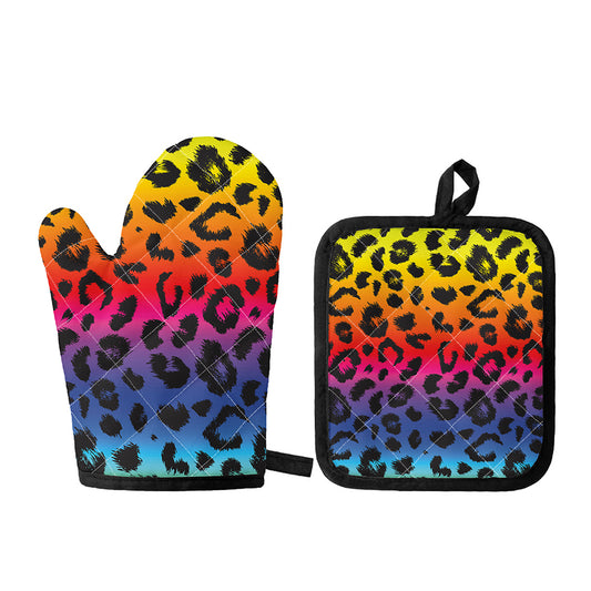 Rainbow Leopard Print Oven Mitt And Pot Holder Set