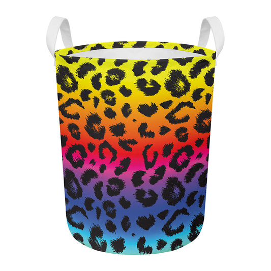 Rainbow Leopard Print Round Laundry Basket