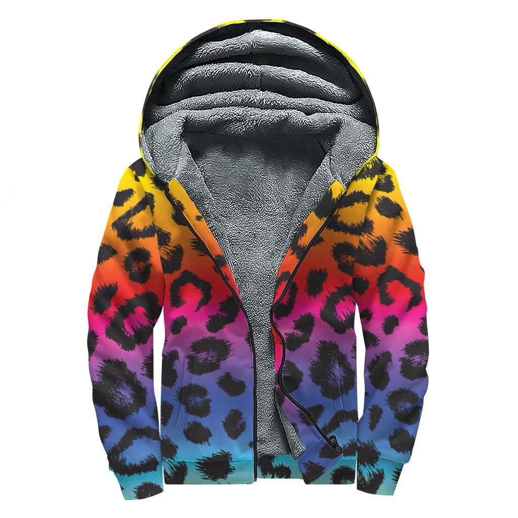 Rainbow Leopard Print Sherpa Lined Zip Up Hoodie