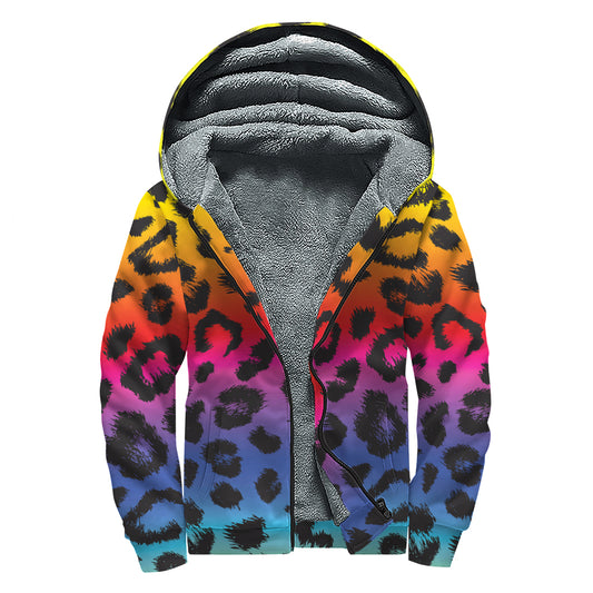 Rainbow Leopard Print Sherpa Lined Zip Up Hoodie