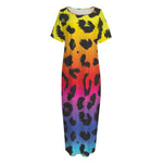Rainbow Leopard Print Short Sleeve Long Nightdress
