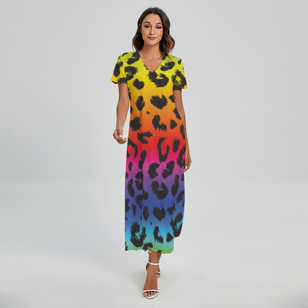 Rainbow Leopard Print Short Sleeve Maxi Dress