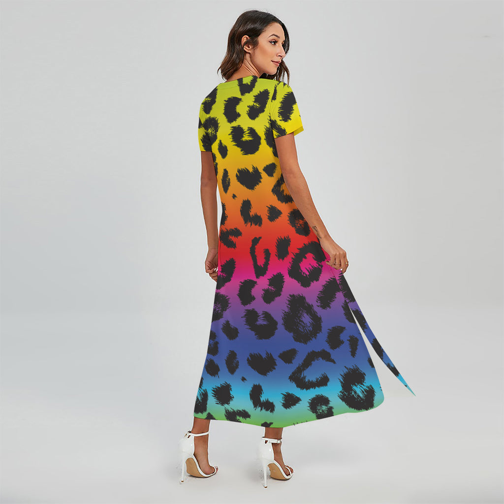 Rainbow Leopard Print Short Sleeve Maxi Dress