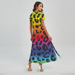 Rainbow Leopard Print Short Sleeve Maxi Dress