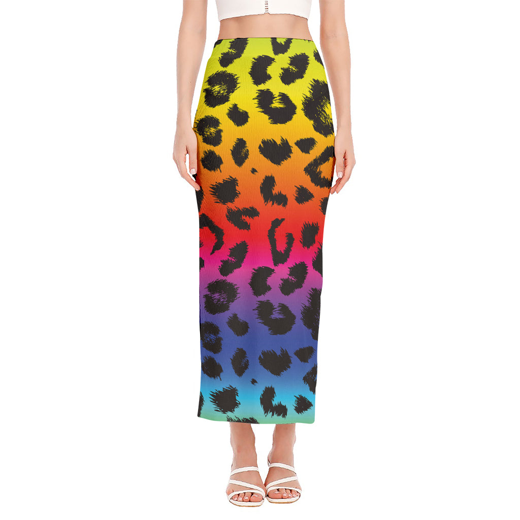 Rainbow Leopard Print Side Slit Maxi Skirt