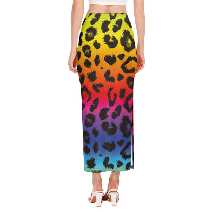 Rainbow Leopard Print Side Slit Maxi Skirt