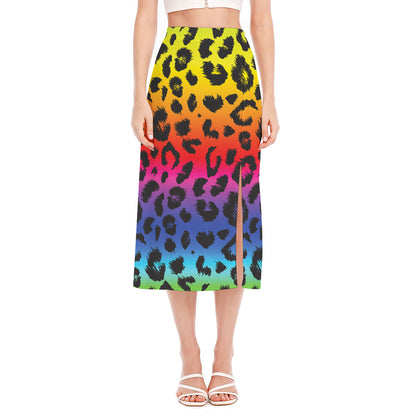 Rainbow Leopard Print Side Slit Midi Skirt
