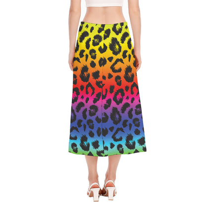 Rainbow Leopard Print Side Slit Midi Skirt