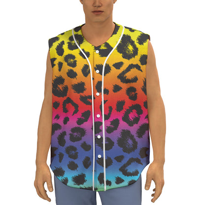 Rainbow Leopard Print Sleeveless Baseball Jersey